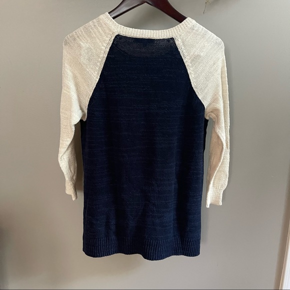 Madewell Raglan Baseball Sweater Size Medium Navy Blue & Cream Linen/Cotton/Silk - Picture 8 of 9